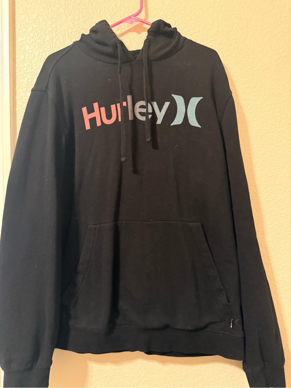 Hurley Black Pullover Hoodie with Red-Pink and Light Blue Logo